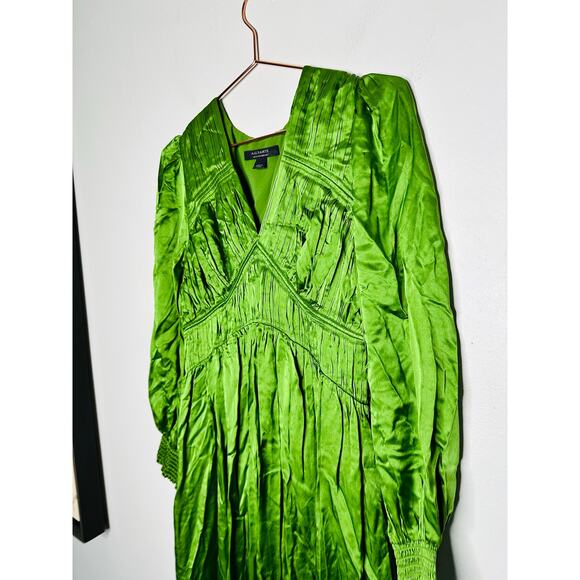 ALLSAINTS Estelle Green Satin Silk Long Sleeve Handkerchief Midi Dress Size 8 - Picture 6 of 14
